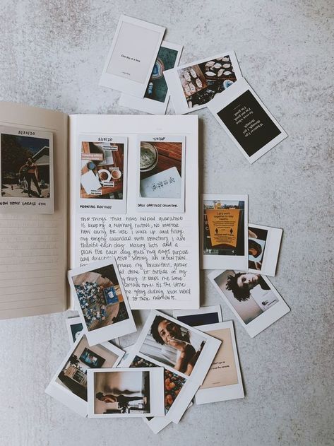 Diary Ideas With Photos, Scrapbook Journal Layout Ideas, Polaroid Travel Journal, Polaroid Creative Ideas, Instax Journal Ideas, Photo Album Journal Ideas, Polaroid Memory Book, Journal Polaroid Ideas, Journaling With Photos