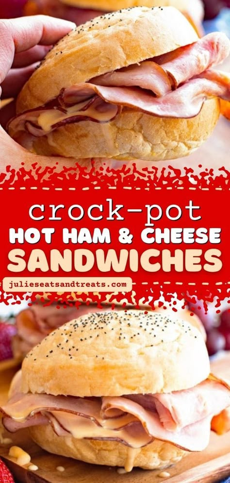 These Crock Pot Hot Ham & Cheese Sandwiches are a family favorite! This delicious crockpot meal is perfect for an easy lunch or dinner recipe. You have to try this slow cooker recipe! Crock Pot Ham And Cheese, Ham And Cheese In Crockpot, Easy Crock Pot Lunch Recipes, Crockpot Hot Ham And Cheese Sandwiches, Crockpot Ham Sandwich Recipes, Easy Crockpot Lunch Ideas, Sandwich Crockpot Recipes, Family Friendly Crock Pot Meals, Crockpot Ham Sandwiches