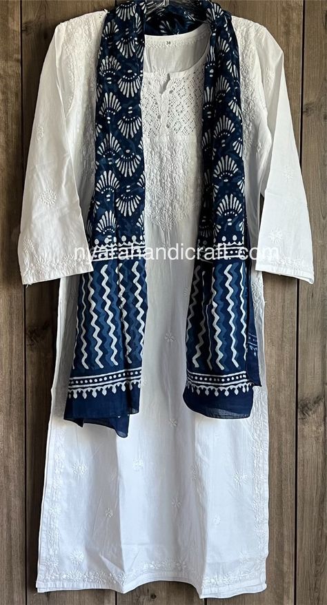 "Cool and comfy pure cotton White Kurti accompanied by 'Dabu' hand printed pure cotton Indigo stole. Team it with Chikankari leggings or a palazzo for a stylish look ! Kurti Length:46 inches Stole : 22 in by 68 in Inner included \"DESIGNS MAY VARY\" MORE COLOURS/DESIGNS/SIZES AVAILABLE. DROP US A MESSAGE ON ETSY CHAT FOR MORE OPTIONS" White Kurti Colourful Dupatta, White Kurti Look, Dabu Print Kurti Design, White Kurti Outfit, White Kurta Outfits Women, White Kurti With Jeans, Kurti With Scarf, White Kurti Designs, White Chikankari Kurta