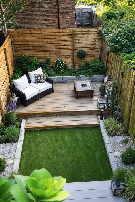 small deck in quaint yard with sofa, grass, a fence and small garden bed Floating Deck Small Backyard, Small Square Garden Design, Small Backyard Ideas On A Budget, Deck On The Ground, Small Backyard Deck, Tiny Deck, Build A Floating Deck, Ground Deck, Backyard Deck Ideas