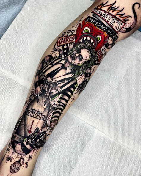 Angelo Parente on Instagram: “It’s Showtime ☠️💚 #beetlejuice . . . #blackworkers_tattoo #inkedmag #dotworktattoos #eternalink #beetlejuicetattoo #timburtontattoo…” Beetlejuice Sleeve Tattoo, Halloween Themed Tattoos Sleeve, Halloween Half Sleeve Tattoo, Beetle Juice Tattoo Ideas, Beetle Juice Tattoos, Movie Themed Tattoos, Tim Burton Tattoo Sleeve Ideas, Beetlejuice Tattoo Ideas, Halloween Themed Tattoos