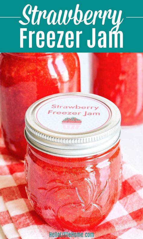 Freezer Jelly Strawberry, Seedless Strawberry Jam Recipe, Freezer Strawberry Jam Recipe, Easy Strawberry Jam Recipe, Strawberry Freezer Jam Recipe, Strawberry Refrigerator Jam, Strawberry Jelly Recipe Freezer Jam, Freezer Jam Strawberry, Easy Strawberry Freezer Jam