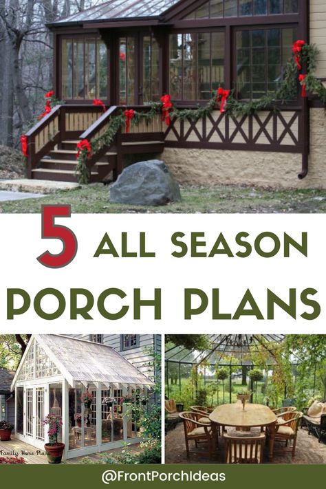 If you're looking for ways to use your porch during every season, then check out our four season porch plans. Use this guide to help you build the ultimate four season porch addition. Stay cozy and warm in the winter and use as a sunroom during the summer. All Weather Porch Ideas, Four Season Porch Addition, Diy 3 Season Porch, All Season Patio, Enclosed Porch Decorating, Cabin Porch Ideas, Four Season Porch, 4 Season Porch, Screen Porch Kits