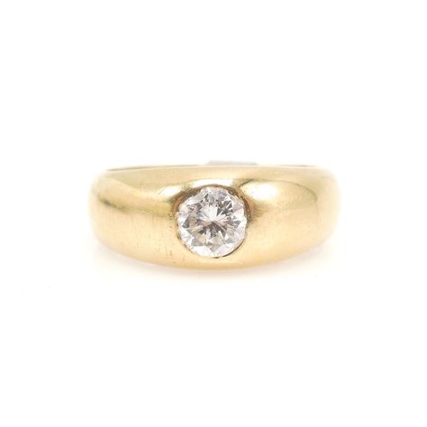 A classic, handsome look. An approximately 0.50ct white diamond is gypsy (flush) set into this wide, handsome 14K yellow gold band. The band is 8mm in width and the diamond is 5.5mm wide. SIZE 7.5 (can be sized) Weddinf Ring, Gold Band Engagement Rings, Thick Gold Band, Mens Rings Wedding Diamond, Flush Set Diamond, Hammered Wedding Bands, June 3rd, Birthday Ring, Dream Engagement Rings