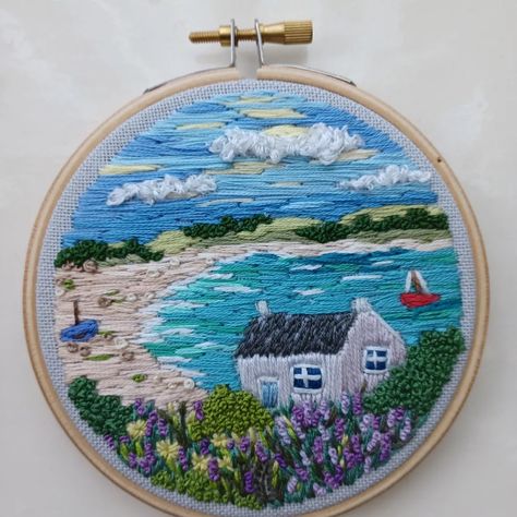 Goth Embroidery, Embroidery Artists, Cornish Cottage, Landscape Embroidery, Wood Embroidery, Beach Cove, Embroidery Hoop Wall Art, Sea Landscape, Quaint Cottage