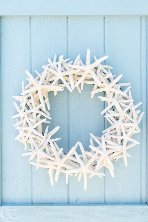 DIY Floating Starfish Wreath - Finding Silver Pennies Star Fish Diy Crafts, Sea Wreath, Diy Starfish, Starfish Wreath, Coastal Wreath, Moss Wreath, Cottage Wreath, Seashell Wreath, Wire Wreath Forms