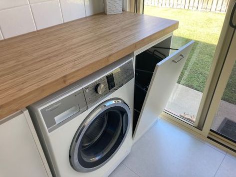 Mini laundry makeover | Bunnings Workshop community Bunnings Laundry, Toilet Roll Holder Shelf, Mini Laundry, Laundry Renovation, Laundry Makeover, Laundry Chute, Grey Laminate, Corner Cupboard, Washing Basket