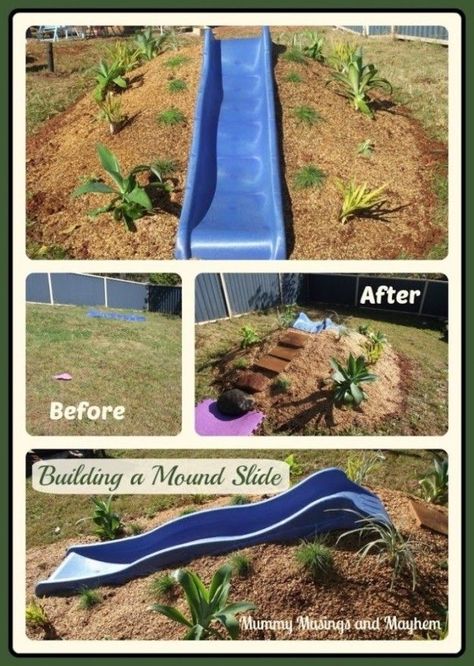 Build a slide into your landscaping! | 25 Amazing Backyard Ideas To Keep Your Family Outdoors Mound Slide, Natural Play Spaces, Kids Yard, Outdoor Play Spaces, Family Backyard, Outdoor Play Areas, Diy Playground, Kids Outdoor Play, Outdoor Play Area