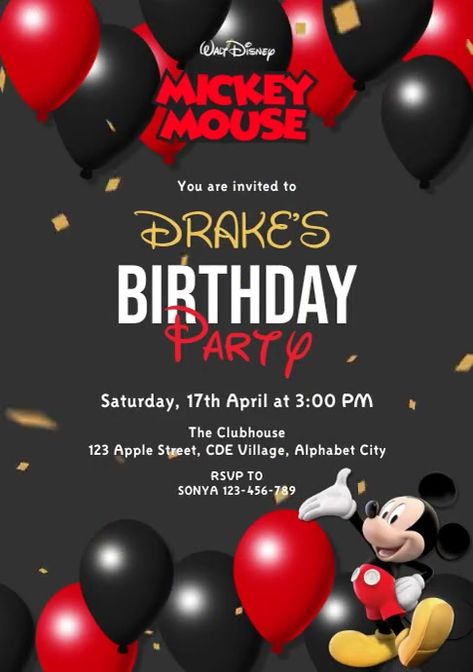 270+ customizable design templates for ‘mickey mouse’ Mickey Mouse Birthday Invitations Templates, Mickey Mouse Birthday Invitations Free, Mickey Mouse Invitation Template Free, Mickey Mouse Invitation Template, Mickey Mouse Baby Birthday, Drake Birthday Party, Spongebob Birthday Party Decorations, Mickey Mouse Birthday Invitation, Mickey Mouse Bday