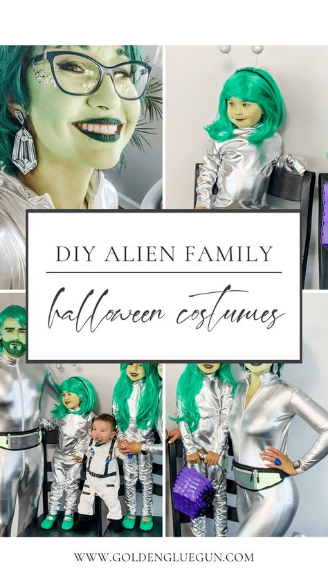 An Alien costume is easy to make, and you can make costumes for the whole family! Love these simple, classic, out-of-this-world costumes! Alien Halloween Costumes Diy, Family Alien Costume, Alien Family Costume, Alien Family Halloween Costume, Cute Alien Costume, Space Party Outfit, Alien Costume Diy, Girl Alien Costume, Alien Halloween Costumes