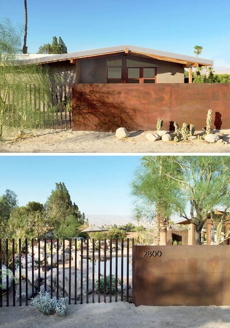 Mid-Century Modern Ranch House ... Mid Century Modern Ranch House, Mid Century Ranch House, Mid Century Landscaping, Mid Century Modern Ranch, Modern Ranch House, House Ranch, Mid Century Ranch, Front Fence, Modern Desert