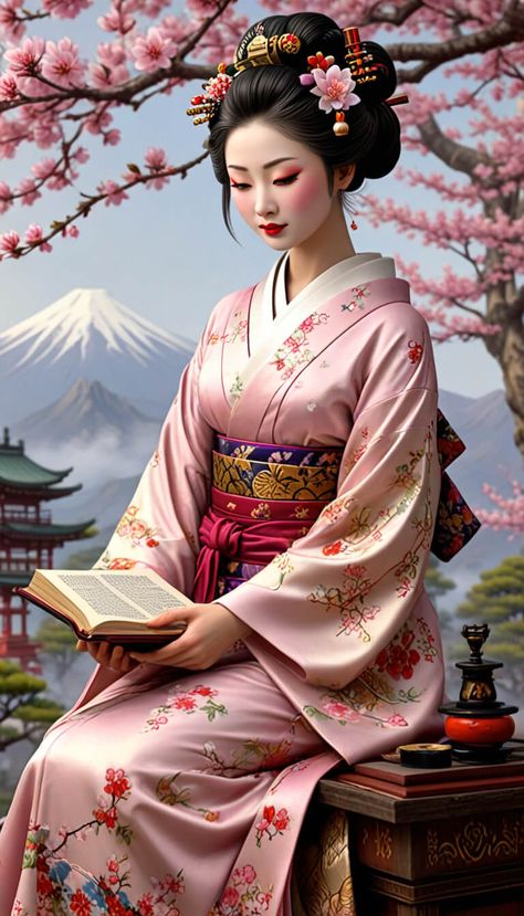 graceful geisha reading a book - AI creation Japanese Geisha Drawing, Geisha Woman, Geisha Drawing, Geisha Artwork, Geisha Anime, Art Geisha, Geisha Tattoo, Geisha Art, Japanese Art Prints