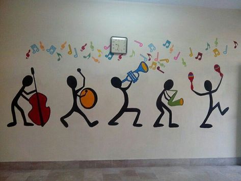 Music Related Art Ideas, Music Art Easy, Musical Instruments Wall Art, Music Mural Ideas, Musical Decorations Ideas, Music Mural Art, Music Wall Art Ideas, Music Wall Painting, Music Classroom Design