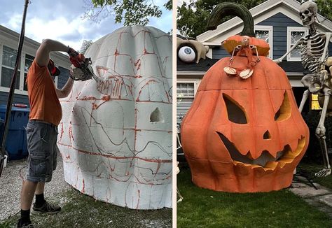 Go Huge This Halloween With A Massive Foam Jack-o-Lantern - Make: Diy Outdoor Pumpkin Decorations, Giant Pumpkin Diy, Halloween Vacation, Halloween Pumpkin Patch, Home Halloween Costumes, Outdoor Halloween Decor, Foam Carving, Halloween Decoration Ideas, Halloween Props Diy