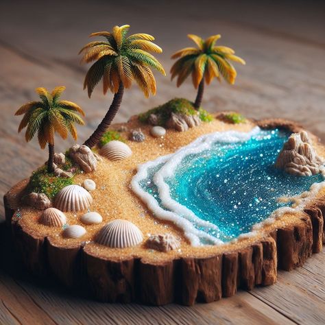 Resin And Shells, Diy Diorama Ideas, Resin Decoration Ideas, Marine Crafts, Miniature Clay Art, Beach Diorama, Miniature Beach Scene, Ocean Diorama, Mini Scenes