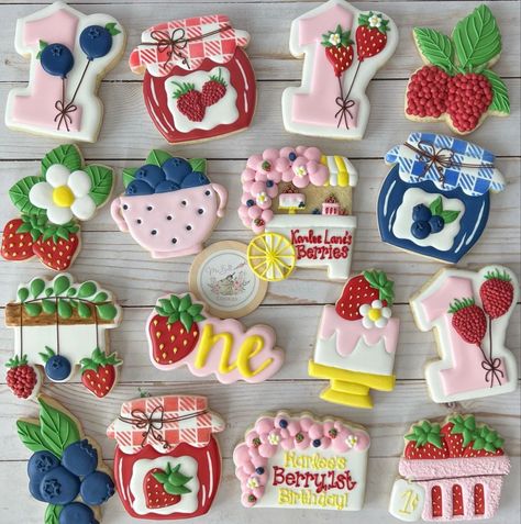 Strawberry And Blueberry First Birthday, Berry Sweet 1st Birthday Cookies, Mixed Berry Birthday Party, Blueberry Decorated Cookies, Berry Birthday Cookies, Berry Baby Shower Cookies, Berry Cookies Decorated, Strawberry And Blueberry Birthday Party, Berry 1st Birthday Cookies