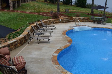 Jackie's Pools & Spas - Inground Swimming Pool Installation in Chickamauga, Rock Spring, and Lafayette area. Pools With Retaining Walls, Pools With Retaining Walls Sloped Backyard, Swimming Pool Images, Inground Pool Landscaping, Pools Backyard Inground, Sloped Backyard, Swimming Pools Inground, Pool Installation, Fiberglass Pools