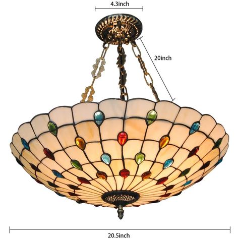 World Menagerie Randy 5 - Light 20" Semi Flush Mount | Wayfair Tiffany Style Ceiling Lights, Stained Glass Chandelier, Stained Glass Pendant, Tiffany Ceiling Lights, Peacock Tail, Tiffany Lamp, Hanging Pendant Lamp, Material Art, Vintage Tiffany