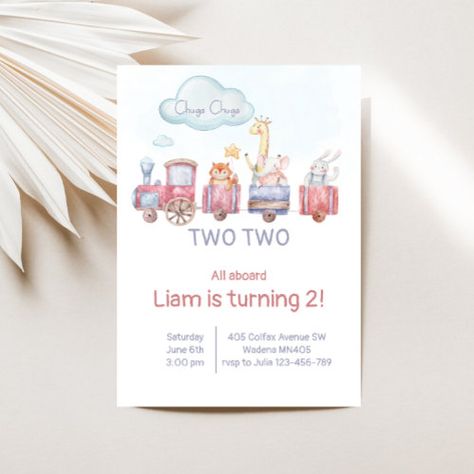 Chugga Chugga Two Two Train Birthday Party Invitation #zazzle #weddinginvitations #birthdayinvitations #babyshowerinvitations #zazzleinvitations #monogram #businesscards #graduation #homedecor Train Birthday Party Invitations, Chugga Chugga Two Two, Train Birthday Party, Train Illustration, Two Two, Trains Birthday Party, Train Birthday, All Aboard, Birthday Party Invitation