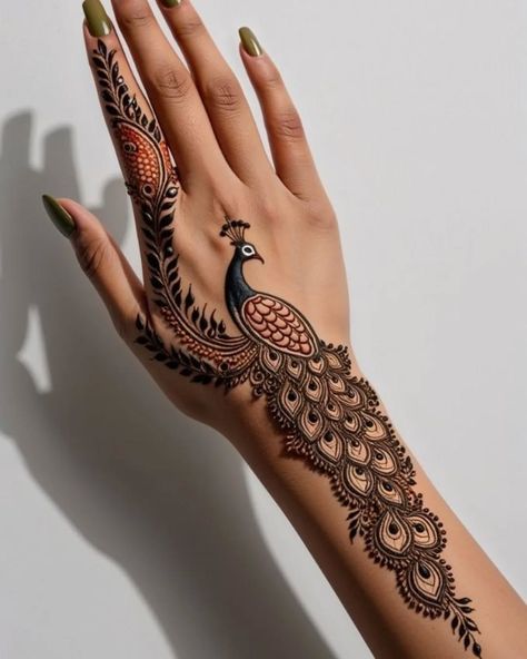 Mehndi Designs Peacock, Back Mehndi Designs, Back Mehndi, Peacock Henna, Peacock Mehndi, Peacock Mehndi Designs, Unique Mehndi Designs, Henna (mehndi) Design, Henna Mehndi