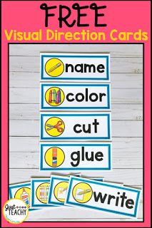 FREE Visual Direction Cards for your classroom. #justteachy Visual Direction Cards, Beginning Of Kindergarten, Classroom Procedures, Classroom Routines, Classroom Organisation, Teaching First Grade, First Grade Classroom, New Classroom, Teacher Organization