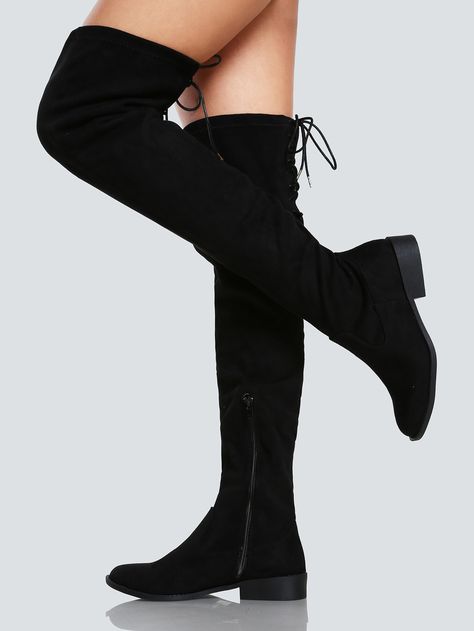 Faux Suede Back Lace Up Thigh High Boot BLACK -SheIn(Sheinside) Black Lace Up Boots Outfit, Lace Up Boots Outfit, Lace Up Boot Outfit, Knee Boots Outfit, High Boots Outfit, Heels Aesthetic, Black Lace Up Boots, Seoul Fashion, Girly Shoes