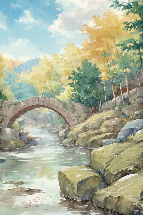 The image is a watercolor painting of a stone bridge over a river. The bridge is in the middle of a forest and is surrounded by trees. The trees are in the fall season, and their leaves are turning yellow and orange. The river is flowing under the bridge, and there are some rocks in the river. The sky is blue, and there are some clouds in the sky. There is a small waterfall to the left of the bridge. Forest With River, Clouds In The Sky, Under The Bridge, Small Waterfall, Stone Bridge, Autumn Forest, In The Fall, The Bridge, The River