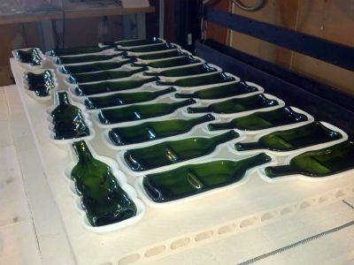 Slumped Glass Bottles, Melted Wine Bottles, Glass Slumping, Bottle Slumping, Wine Bottle Project, Old Wine Bottles, Glass Fusion Ideas, Wine Cellar Design, Glass Bottles Art