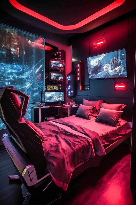 Gaming Bed Rooms, Game Room Aesthetic Dark, Room Ideas Gaming Bedroom, Futuristic Gaming Bedroom, Bedroom Gaming, Futuristic Gaming Room, Cyberpunk Bedroom Aesthetic, Coolest Bedrooms Ever, Red Gaming Room