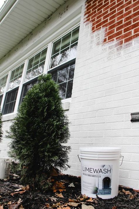 Limewashed Brick Exterior Makeover | Darling Do Limewashed Brick Exterior, Limewashed Brick, Brick Exterior Makeover, Lime Wash Brick, Painted Brick Exteriors, Ranch House Exterior, Painted Brick House, House Makeovers, Brick Ranch