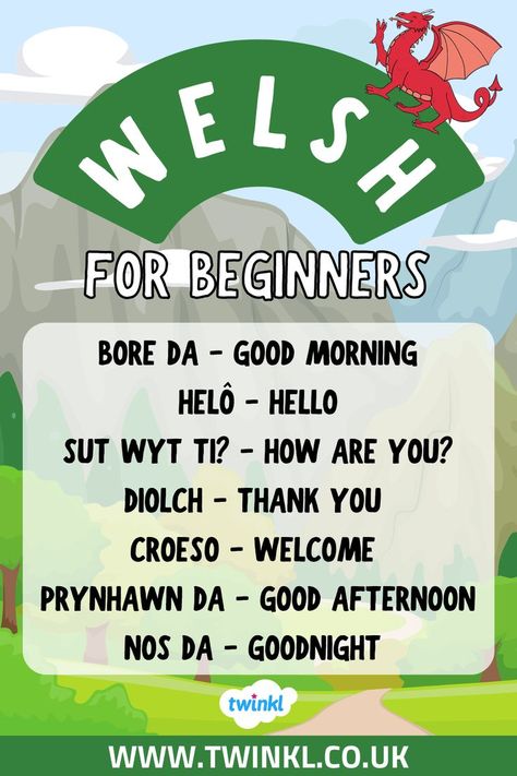 Common Welsh phrases and words for beginners on a background of illustrated mountains. Welsh Language Learning, Welsh Words And Meanings, Beaver Activities, Learning Welsh, Welsh Phrases, Learn Welsh, Welsh Words, Welsh Language, Year 5