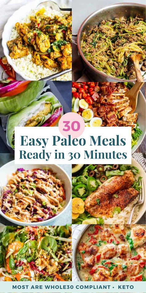 These 30 easy paleo meals are all ready in 30 minutes or less. Most recipes are Whole30 compliant and many are low in carbs + keto friendly. Whole 30 Family Dinner Recipes, Meal Prep For The Week Paleo, Paleo 30 Minute Meals, 30 Minute Paleo Dinner, Cheap Easy Paleo Meals, Paleo Dinner Party Recipes, Paleo Birthday Dinner, Paleo Meal Ideas Dinners, Budget Friendly Paleo Meals