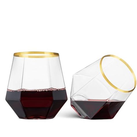 Limited-time deal: Munfix Gold Rim Plastic Stemless Wine Glasses 32 Pack - Diamond Shaped Unbreakable Disposable 12 Oz Clear Plastic Wine Champagne Whiskey Cups, Shatterproof Recyclable and BPA-Free Whiskey Cups, Bridal Shower Inspo, Whiskey Tumbler, Weddings Receptions, Whiskey Cocktails, Bar Glassware, Stemless Wine Glasses, Diamond Shaped, Clear Plastic