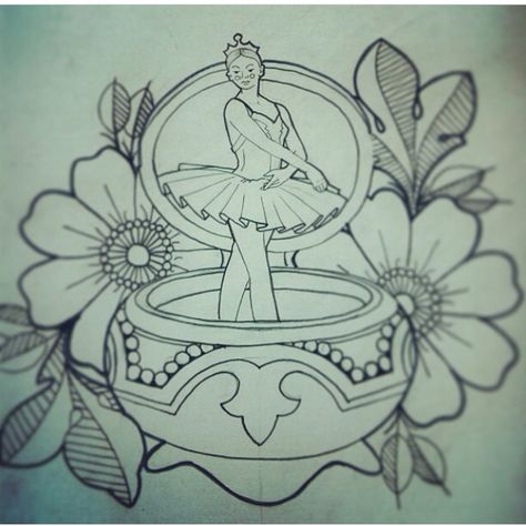 Music box ballerina tattoo Fairytale Inspired Tattoos, Traditional Ballerina Tattoo, Ballerina Music Box Drawing, Music Box Tattoo, Tattoo Stippling, Marionette Tattoo, Ballet Tattoo, Ballet Tattoos, Ballerina Tattoo