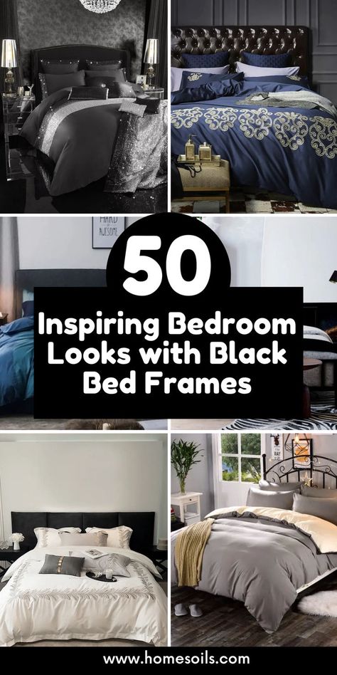 Discover 50 stunning room ideas featuring black furniture bed frames. From minimalist master bedrooms to moody mid-century living rooms, transform your space with chic and sophisticated designs. #HomeDecor #BlackFurniture #InteriorDesign Bedroom Decor For Black Furniture, Black Bedframe Bedding, Bed With Black Frame, Black Bed Frame Decor Ideas, Bedding Ideas Black Headboard, Bedrooms With Black Beds, Room Ideas With Black Furniture, Black Bed Frame Decor Color Schemes, Black Bed Ideas