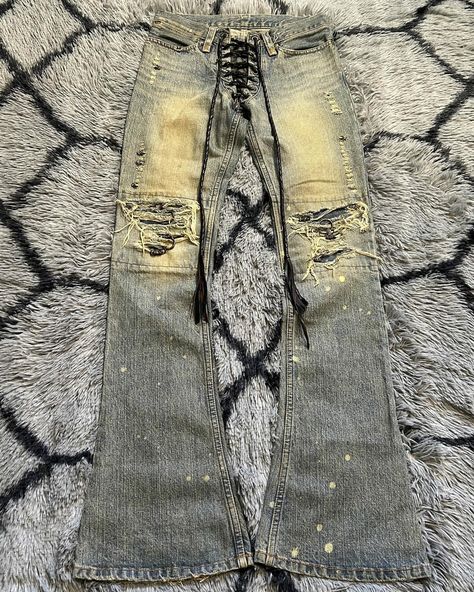 buyselldm | If Six Was Nine Mud Max Pierced Lace-Up Jeans •Gently Used •Size: 28x32 •From Japanese label IfSixWasNine, the sister brand to LGB. These… | Instagram Ifsixwasnine Jeans, If Six Was Nine Fashion, Adara Sanchez, Pants Inspiration, Style Alt, Lace Up Jeans, Custom Pants, Apparel Design Inspiration, If Six Was Nine