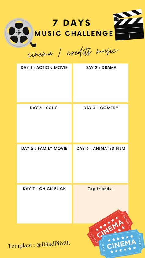 7 days challenge, credits movie theme tag me @d3adpiixel on instagram 7 Days Challenge, Movie Challenge, Challenge Template, Music Challenge, 7 Day Challenge, Instagram Challenge, Days Challenge, Chick Flicks, Book Report