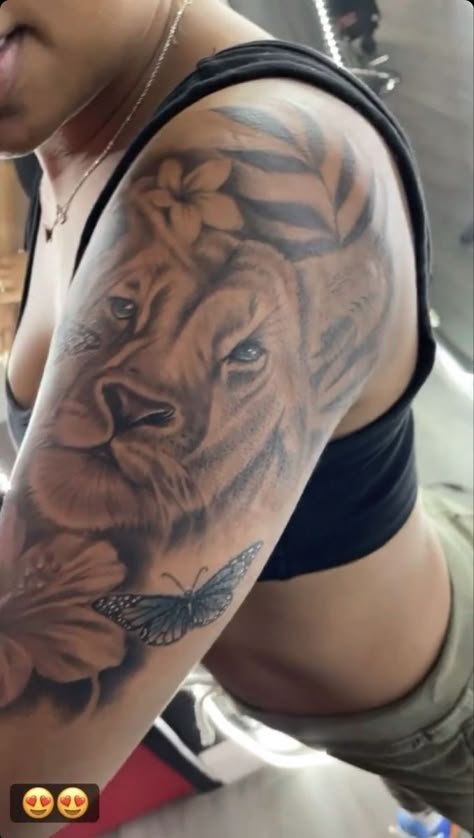 Flower And Lion Tattoos For Women, Lion Arm Tattoo Women, Unique Half Sleeve Tattoos For Women Meaningful, Feminine Lion Tattoo For Women, Leo Lion Tattoos For Women, Tiger Tattoo On Arm, Quarter Sleeve Tattoos For Women, Lion Sleeve Tattoo, Tattoo Designs Watercolor