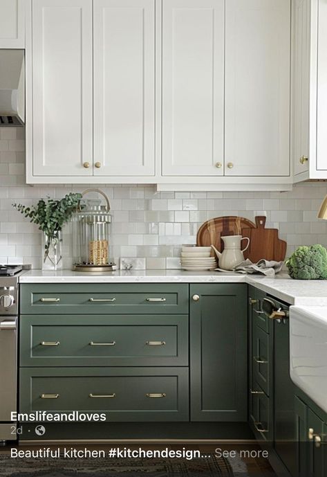 Bottom Cupboards Only Kitchen, Dark Green Lowers White Uppers, Green Lower White Upper Cabinets, Different Color Lower Cabinets, Kitchen Cabinet Colors With White Countertops, Butcher Block Countertops Cabinet Color, Green White Oak Kitchen, White And Sage Cabinets, White Upper Green Lower Cabinets