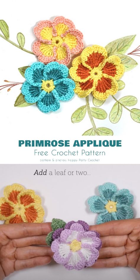 Primrose Appliques Crochet Primrose Pattern, Different Types Of Crochet Flowers, Primrose Stitch Crochet Pattern, Crocheted Flower Appliques, Primrose Crochet Pattern, Crochet Motifs Free Pattern Appliques, Free Crochet Flower Applique Pattern, Crochet Floral Applique, Crochet 2d Flowers Free Pattern