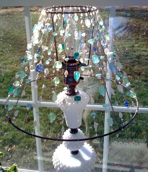 Hobnail Milk Glass Lamps, Part 2 – Shades | Frou FruGal Old Lamp Shades, Creative Lamp Shades, Luminaire Original, Beaded Lampshade, Beaded Lamps, Milk Glass Lamp, Lampshade Makeover, Old Lamps, Beach Diy