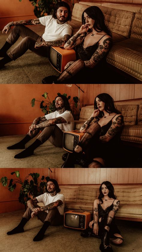 Phoenix Tattooed Couple Engagement |  couple line tattoo ideas Rock And Roll Family Photoshoot, Graffiti Engagement Photos, Grungy Couples Photoshoot, Alt Couples Photoshoot, Couple Line Tattoo, Alternative Family Photoshoot, Grunge Family Photoshoot, Alternative Family Photos, Grunge Couple Photoshoot