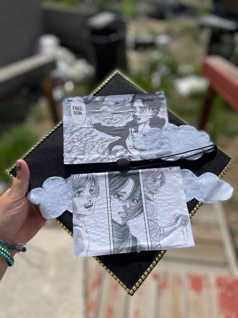 Attack On Titan Graduation Cap, College Grad Cap Ideas, Graduation Cap Decoration Diy, High School Graduation Cap, College Graduation Cap Decoration, Grad Hat, Grad Cap Designs, Anime High School, Attack On Titan Aesthetic