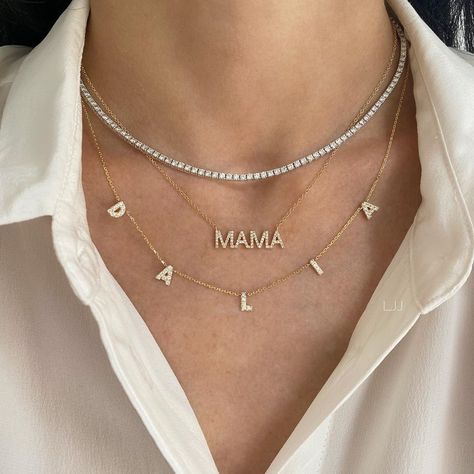 Tennis Necklace Layered, Necklace Name Design, Diamond Chain Necklace, Jewelry Photos, Diamond Tennis Necklace, White Gold Chain, Fake Jewelry, White Gold Chains, Necklace Diamond