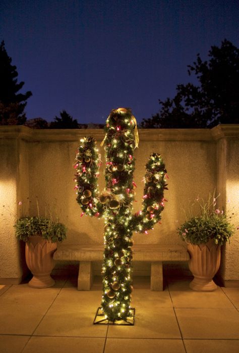 christmas, arizona style!! i know my cousin charlotte does this at her home in apache junction, AZ :) Southwestern Christmas Decorations, Cactus Christmas Trees, Western Christmas Tree, Texas Christmas, Mexican Christmas, Unique Christmas Trees, Christmas Tree Inspiration, Cowboy Christmas, Christmas Cactus