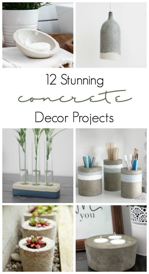 Love the trend towards concrete decor in the home. There are so many quick and easy concrete decorations that you can make at home at add industrial style and flair to your home! Concrete is a sleek and modern home trend! Concrete Home Decor, Decoration Beton, Cement Diy, Concrete Diy Projects, Cement Art, Concrete Vases, Dekor Diy, Concrete Candle, Concrete Furniture