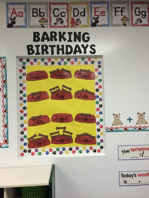 Birthday wall for dog themed classroom Clifford Classroom Theme, Paw Patrol Classroom Theme, Dog Theme Classroom, Toddler Classroom Decorations, Conceptual Learning, Birthday Board Classroom, Classroom Management Plan, Preschool Rooms, Birthday Wall