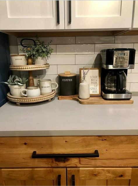 Coffee Bar On Kitchen Counter Ideas, Diy Coffee Bar Countertop, Cute Coffee Nook, Cake Stand Coffee Bar, Breakfast Bar Decor Ideas Countertops, Minimalist Coffee Station Kitchen, Modern Farmhouse Coffee Station, Coffee Spot On Counter, Coffee Counter Top Ideas