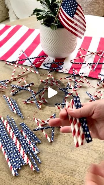 Alicia Kim on Instagram: "Here’s a fun 4th craft! Make some stars out of straws! Make into a little garland, stick on screwers and add to a vase! So many possibilities!

#easycraft #easycrafts #holidaycrafts #holidaycrafting #papercrafts #paperstars #holidaydecor" Stars Made From Paper Straws, Paper Strip Stars, Paper Straw Star Ornament, Woven Paper Stars, Straw Stars, Patriotic Crafts Diy, Paper Stars, Painting Rocks, Patriotic Holidays