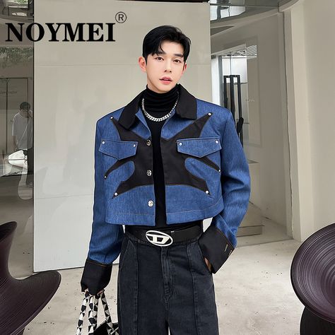 Male Coat, Urban Sophistication, Patchwork Shorts, Jacket Fashion, Cropped Denim Jacket, Fashion Korean, Color Contrast, Korean Men, Cropped Denim